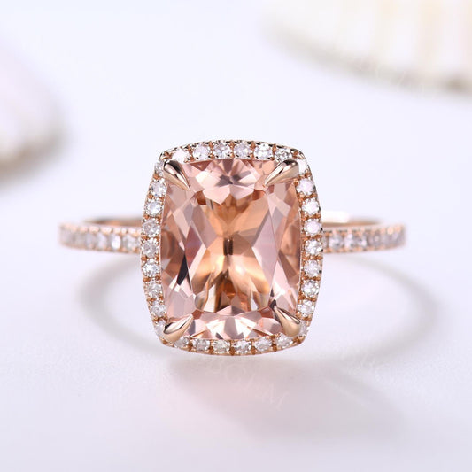 10x8mm Cushion Cut Natural Peach Morganite Engagement Ring Rose Gold