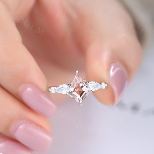 Female Vintage Peach Morganite Engagement Ring Kite-Shaped Lozenge Cut