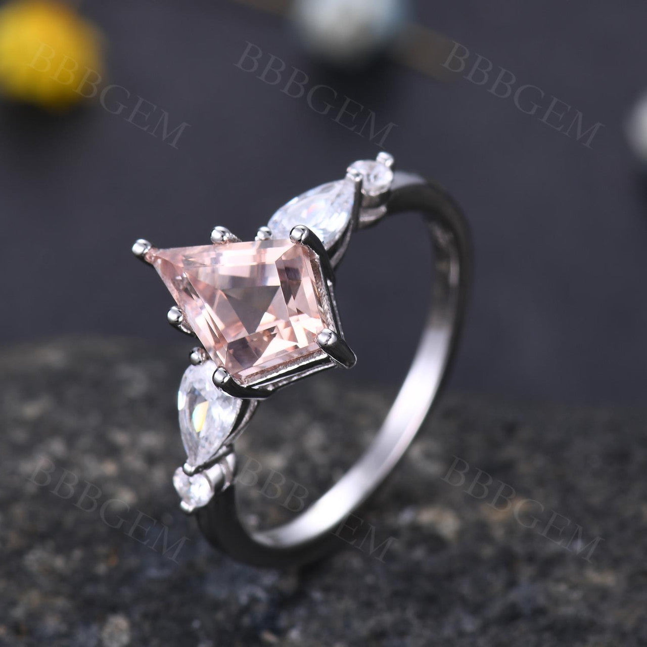 Female Vintage Peach Morganite Engagement Ring Kite-Shaped Lozenge Cut