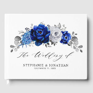 Royal Blue White Silver Metallic Floral Wedding Guest Book