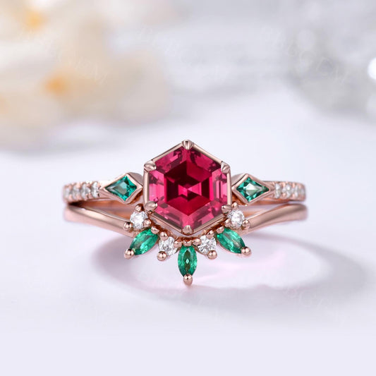 3-Stones Hexagon Lab Ruby w/ Kite Cut Emerald Sidestones Wedding Ring Set Bezel Prong Rose Gold