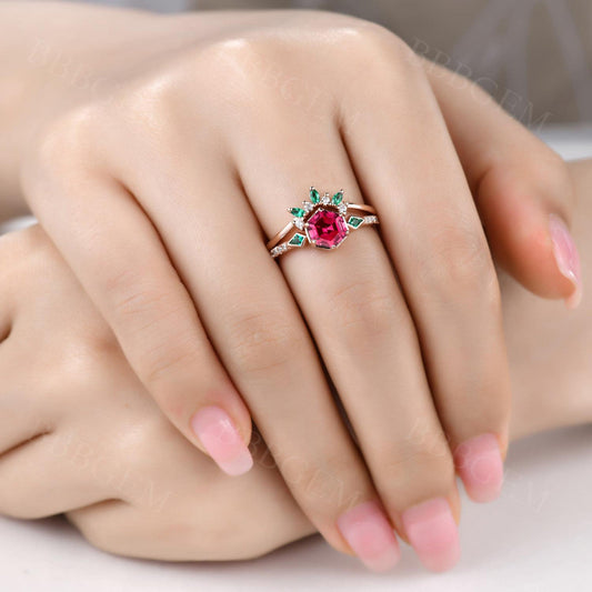 3-Stones Hexagon Lab Ruby w/ Kite Cut Emerald Sidestones Wedding Ring Set Bezel Prong Rose Gold