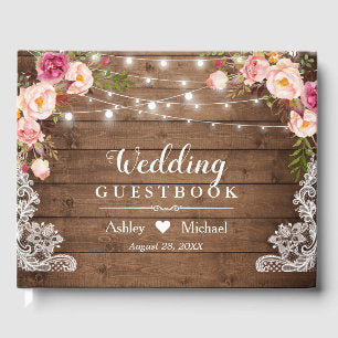 Rustic Floral String Lights Lace Wedding Guest Book