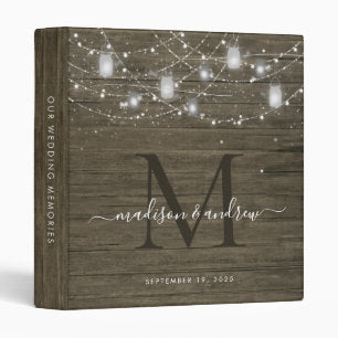 Rustic Monogram Wood String Lights Wedding Album 3 Ring Binder