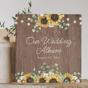 Rustic Sunflower Wood String Light Wedding Album 3 Ring Binder