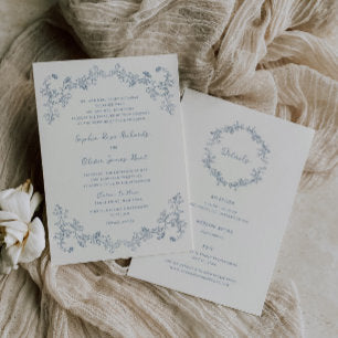 Rustic Vintage Floral Line Art All in One Wedding Invitation