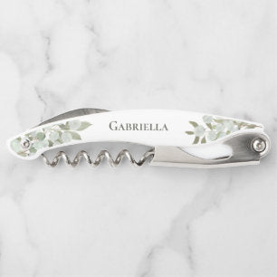 Rustic Watercolor Eucalyptus Bridesmaid Name Waiter's Corkscrew