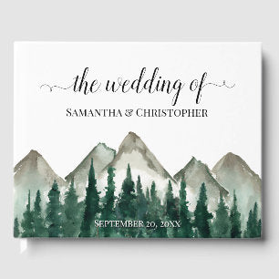 Rustic Watercolor Mountains & Pine Trees Wedding Guest Book
