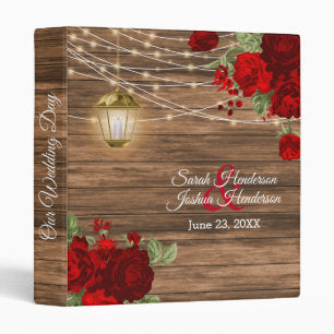Rustic Wood, Lantern & Dark Red Flowers 3 Ring Binder