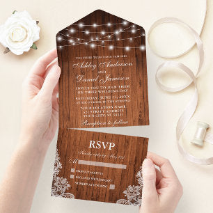 Rustic Wood String Lights Lace Wedding All In One Invitation