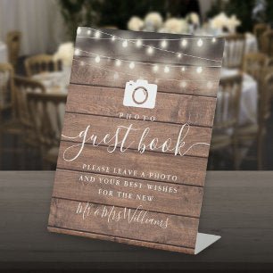 Rustic Wood String Lights Photo Guest Book Pedestal Sign