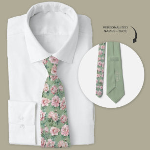 Sage Green and Pink Peony Floral Groomsmen Neck Tie