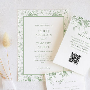 Sage Green Toile Classic Floral Wedding Invitation