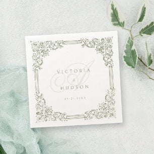 Sage Green Vintage Frame Elegant Wedding Monogram Napkins