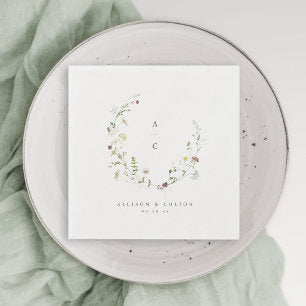 Sage Green Wildflower Rustic Boho Wedding Monogram Napkins