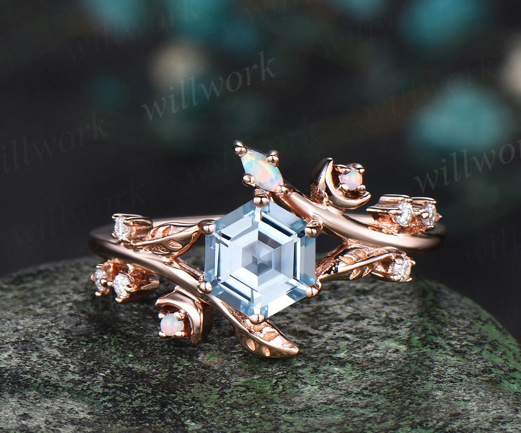 Hexagon Cut Aquamarine Engagement Ring Rose Gold Leaf Moon Diamond Ring Vintage March Birthstone Anniversary Ring Women