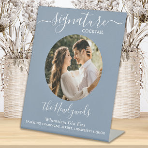 Signature Cocktail Wedding Drink Dusty Blue Photo Pedestal Sign