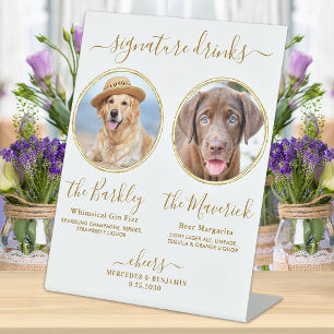 Signature Drinks Custom Photo Gold Pet Wedding Bar Pedestal Sign