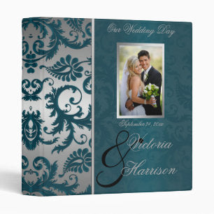 Silver and Teal Damask II Wedding Binder/Album 3 Ring Binder