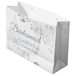 Silver Lace Dusty Blue on White Bridesmaid Wedding Large Gift Bag