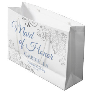 Silver Lace Dusty Blue White Maid of Honor Wedding Large Gift Bag