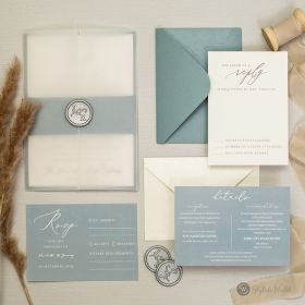 Simple Dusty Blue Vellum Wedding Invitations With Monogram Swpi127