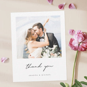 Simple Elegant Modern Black Script Photo Wedding Thank You Card