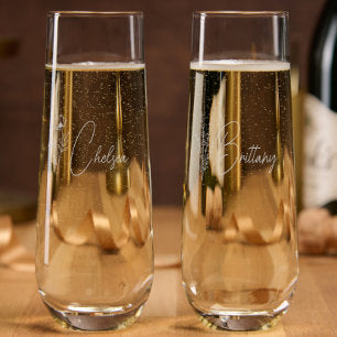 Simple Modern Personalized Bridesmaid Floral Stemless Champagne Flute