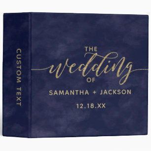 Simple Navy Watercolor & Gold Wedding Photo Album 3 Ring Binder