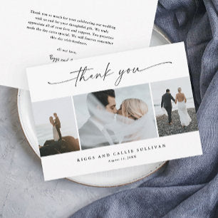 Simple Script 3 Photo Wedding Thank You Card