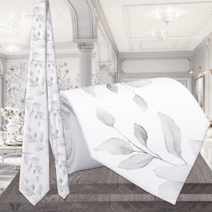 Soft Gray Eucalyptus On Pure White Wedding Neck Tie
