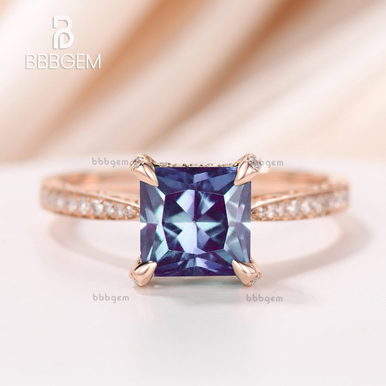 Hidden Halo Alexandrite Wedding Ring Solitaire Princess Lab Alexandrite with Hidden Halo Diamonds on the Legs