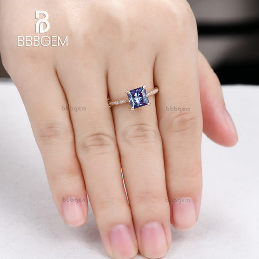 Hidden Halo Alexandrite Wedding Ring Solitaire Princess Lab Alexandrite with Hidden Halo Diamonds on the Legs