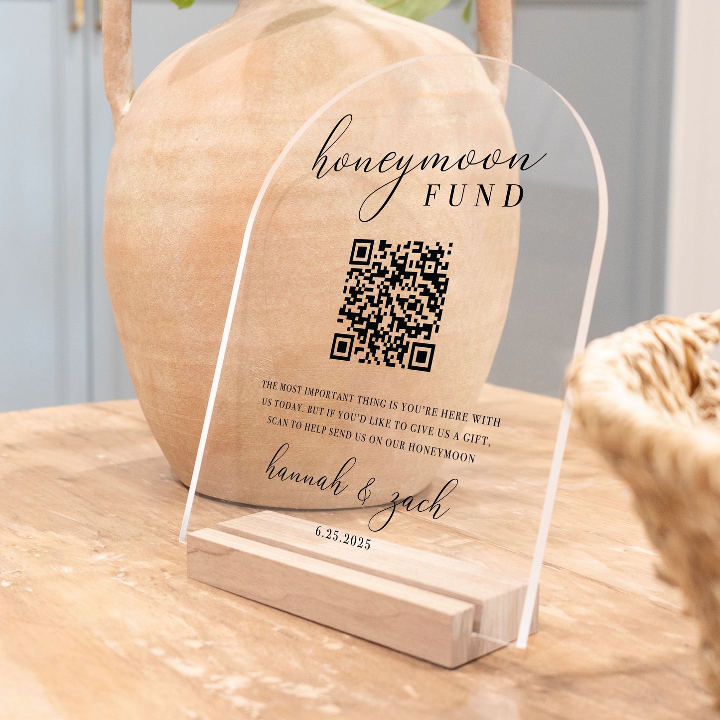 Clear Acrylic Honeymoon Fund Sign | Vertical Brooklyn
