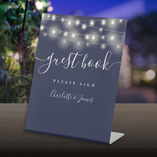 String Lights Navy Blue Script Guest Book Pedestal Sign