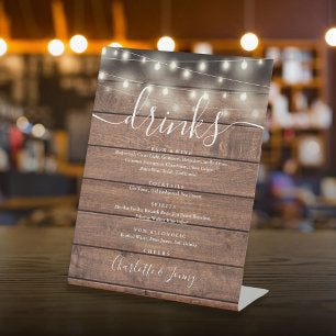 String Lights Rustic Wood Wedding Drinks Menu Pedestal Sign