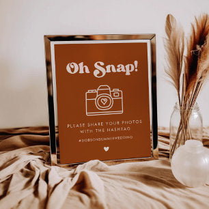 Stylish retro Orange Oh Snap Wedding hashtag sign
