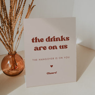 Stylish retro Peach Pink Wedding Drinks are on us Pedestal Sign