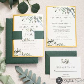 Affordable Emerald Green Botanical Wedding Invite With Gold Mirror Paper Backer Swi068