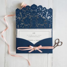Elegant Navy Blue Laser Cut Pocket Wedding Invitations With Peach Ribbon Swws028