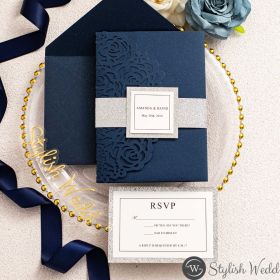 Luxury Navy Blue And Silver Glitter Laser Cut Pocket Wedding Invitations With Glitter Belly Band And Tag Swws068