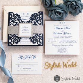 Navy Blue Laser Cut Wedding Invitations With Glittery Belly Band Swws074