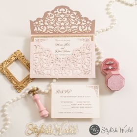 Blush Shimmer Laser Cut Envelope With Vintage Inside Invitation Swws078
