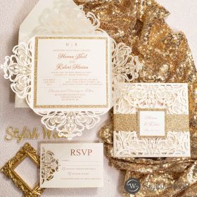 Romantic Ivory Laser Cut Wedding Invites With Backer And Belly Band Swws116