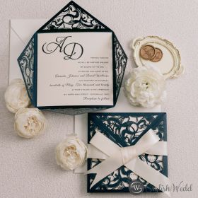 Modern Navy Blue Laser Cut Wedding Invitation With Ivory Ribbon Swws119