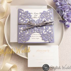 Simple Elegant Lavender Laser Cut Wedding Invitation With Ribbon Swws144