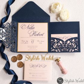 Navy Sparkly Laser Cut Pocket Fold With Modern Blush Invitation And Mirrored Backer Swws157