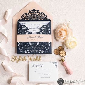 Navy Blue Laser Cut Wedding Invitation With Blush Pink Belly Band Swws158