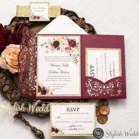 Burgundy Laser Cut Pocket Fold And Burgundy Floral Wedding Invitations With Glittery Belly Band Swws159