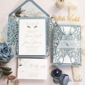 Elegant Dusty Blue Laser Cut Warps With Greenery Monogram Wedding Invitation And Belly Band Swws162